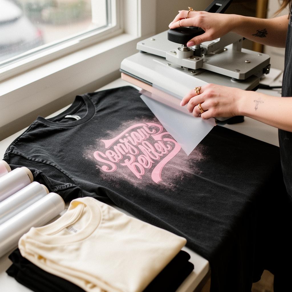 Hands pressing a DTF transfer onto a cream oversized boutique tee